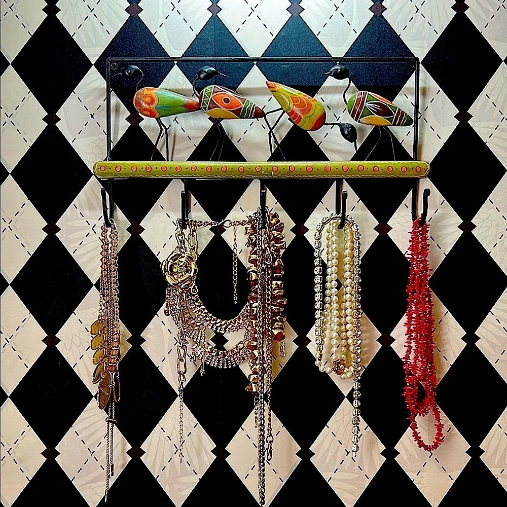 Tribal Folk Art Wall Hook Rack – Hand-Painted Birds – African / Mexican Inspired